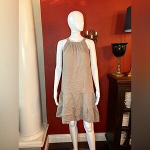 Bellambia- Tiered Linen Halter Dress in Color Taupe. Size L
